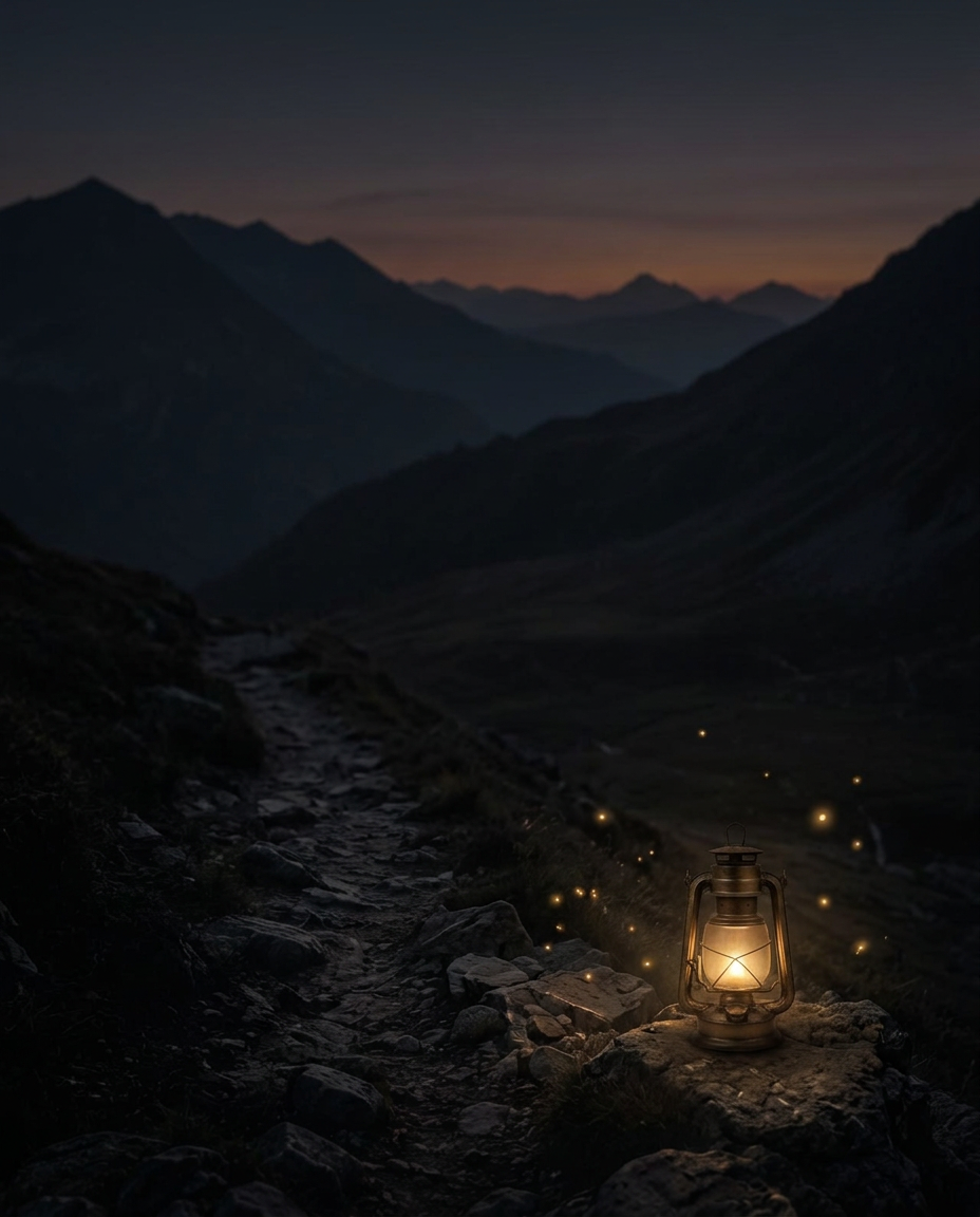 An old lantern glowing beside a dark mountain path