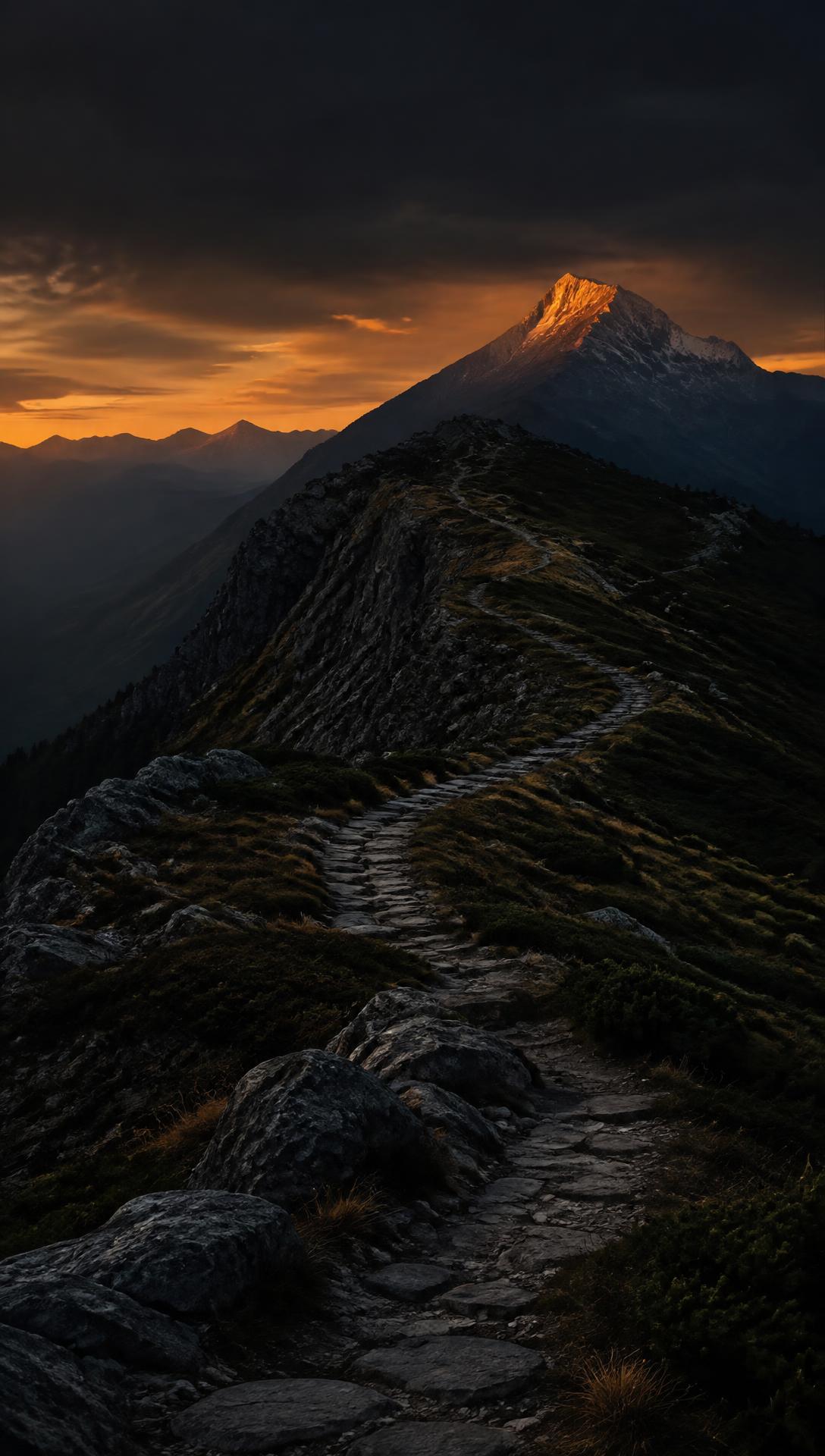 A stone trail winding up a mountain at dusk