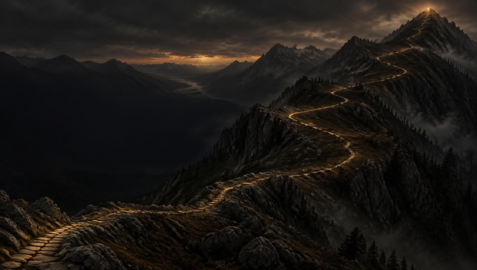 A stone trail winding up a mountain at dusk, seen from far below